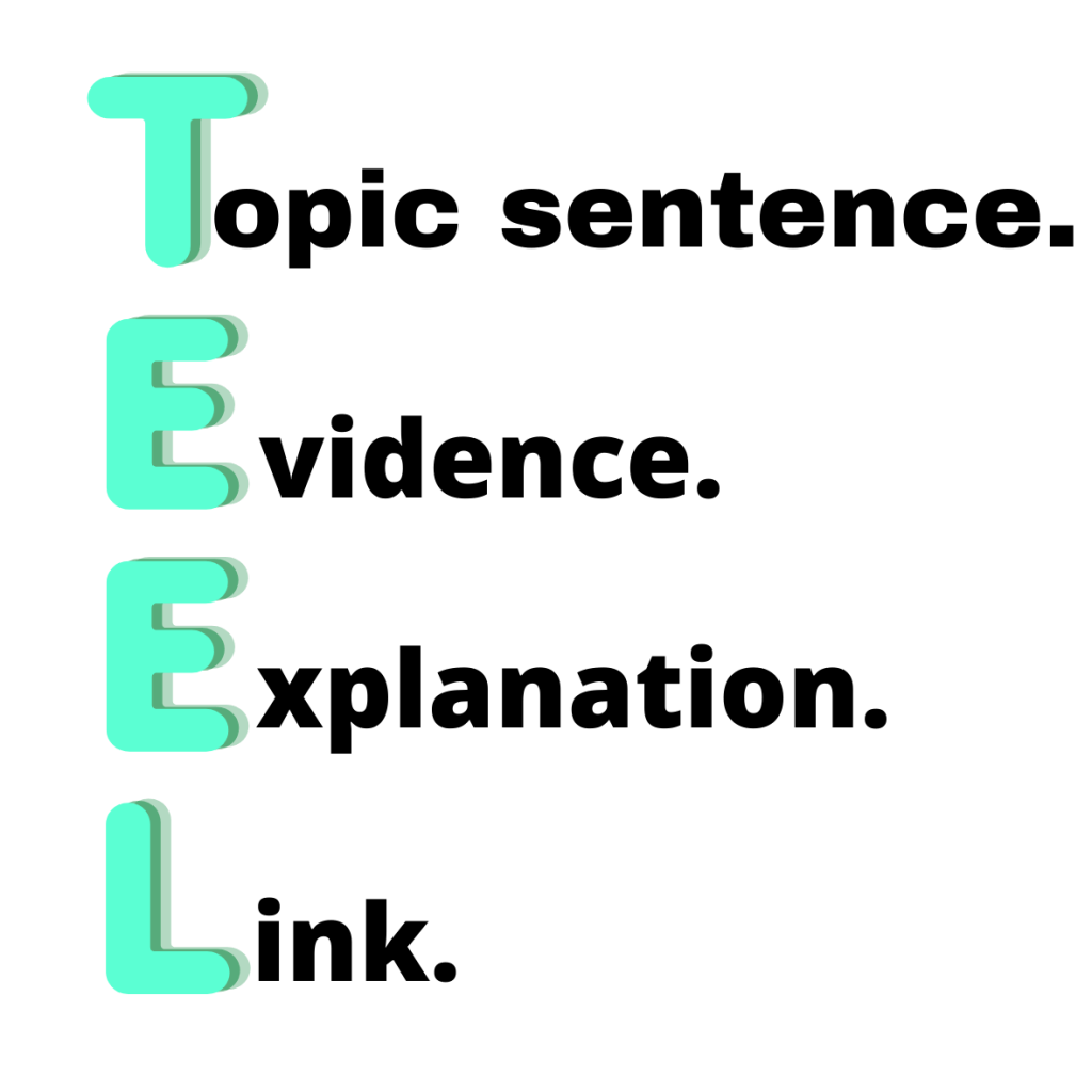 TEEL
Topic sentence.
Evidence.
Explanation
Link
